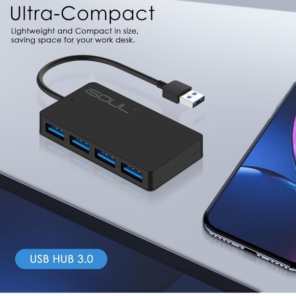 4-Port USB 3.0 Hub Splitter, Ultra Slim USB Data Hub with Individual Power - Picture 4 of 10